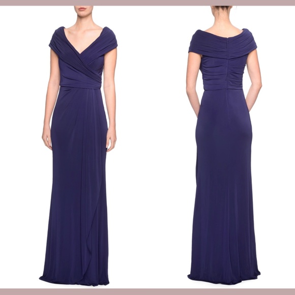 NWT La Femme [ 20 ] Ruched Jersey Column Gown in Navy Blue‎ - Picture 1 of 12